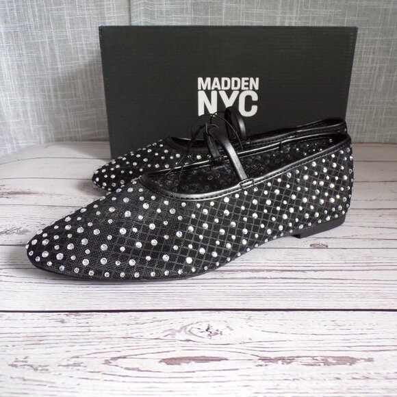 Madden NYC Women’s Black Mesh Ballet Flats with Rhinestones - Picture 1 of 6